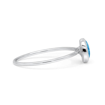 Round Statement Fashion Petite Dainty Thumb Ring Lab Created Blue Opal Solid 925 Sterling Silver